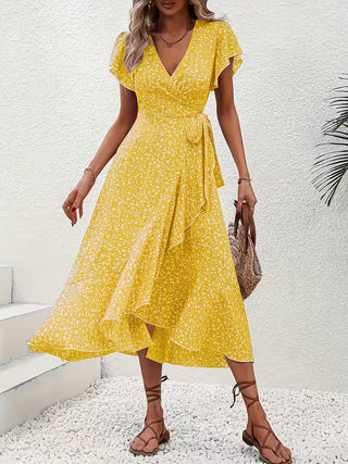 Skye | Floral Wrap Midi Dress with Ruffle Sleeves and Asymmetric Hem