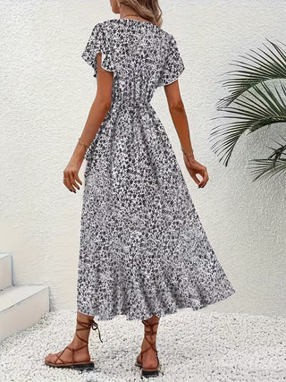 Skye | Floral Wrap Midi Dress with Ruffle Sleeves and Asymmetric Hem