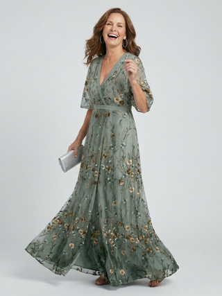 Sage | Floral Embroidered Maxi Dress with V-Neck and Flutter Sleeves
