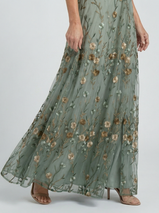 Sage | Floral Embroidered Maxi Dress with V-Neck and Flutter Sleeves