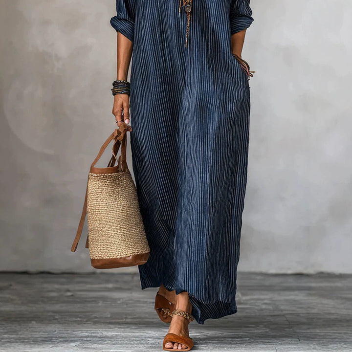 HAVEN | Long Sleeve Maxi Dress V-Neck Striped Style with Side Pockets