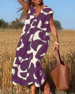 NAOMI | Long Printed Dress with V-Neck and Flared Fit for a Vacation Look