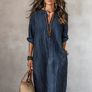 HAVEN | Long Sleeve Maxi Dress V-Neck Striped Style with Side Pockets