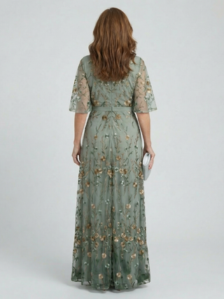Sage | Floral Embroidered Maxi Dress with V-Neck and Flutter Sleeves