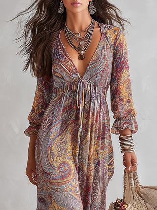 Paisley Print V-neck Gathered Chiffon Maxi Dress