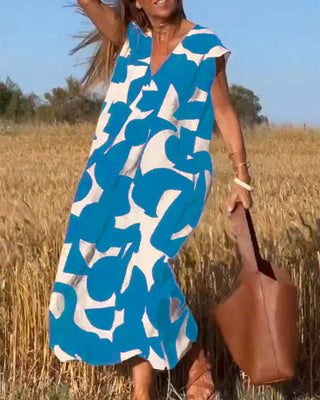 NAOMI | Long Printed Dress with V-Neck and Flared Fit for a Vacation Look