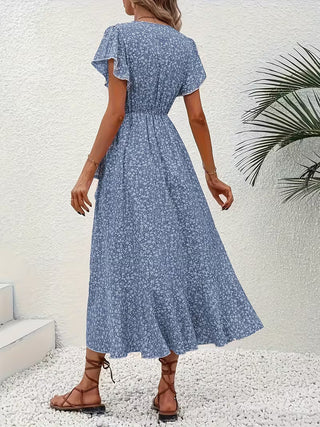 Skye | Floral Wrap Midi Dress with Ruffle Sleeves and Asymmetric Hem