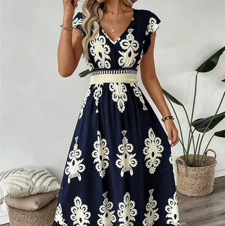 Celeste | Baroque Print Maxi Dress with V-Neck and Smocked Waist